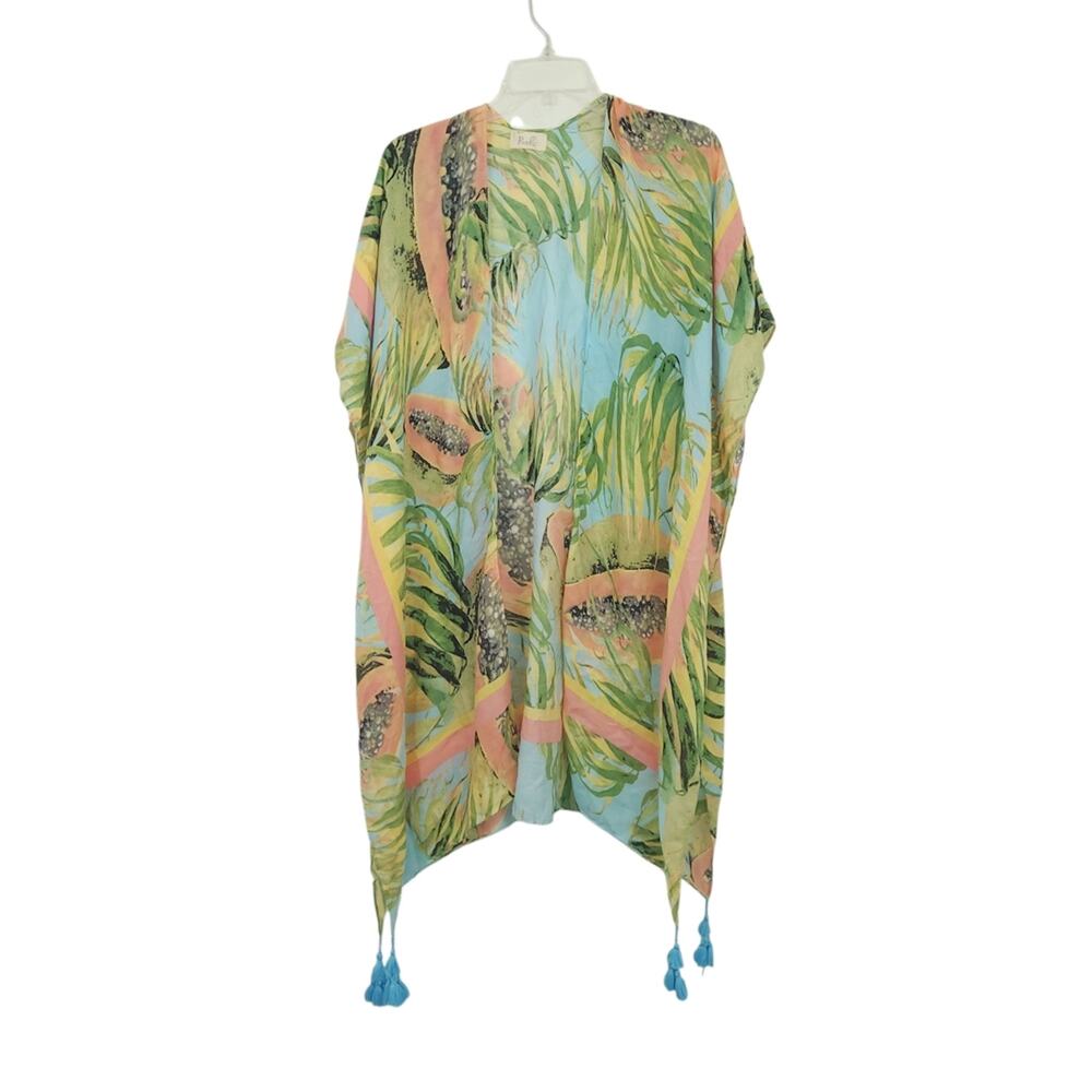 NEW Riah Fashion Tropical Kimono with Tassels Palm Print Resortwear Beach Pool